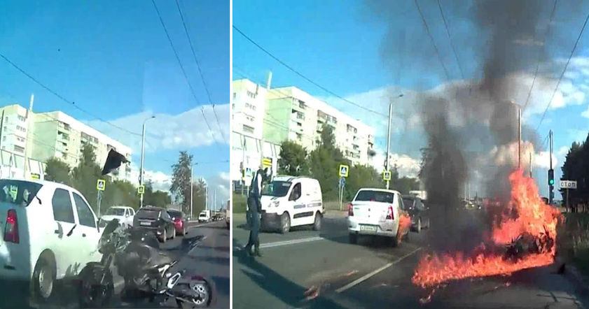 В Иванове байкер врезался в автомобиль: мотоцикл вспыхнул, как спичка